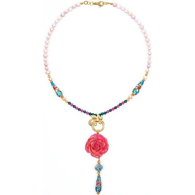 Dannyra Колие с естествена роза, мъниста клоазоне, перли и кристали Swarovski Pink Dream Dannyra Jewels
