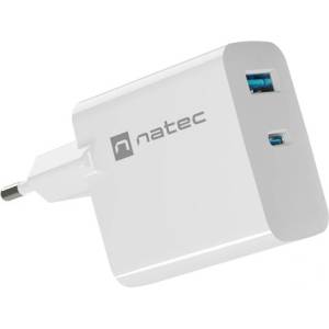 NATEC Адаптер за зареждане Natec Ribera GaN 65W USB-A + USB-C, бял (NUC-2144)