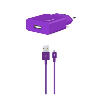 Ttec Зарядно 220V SmartCharger USB Travel Charger, 2, 1A, incl, Micro USB Cable - Лилаво