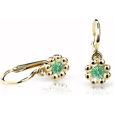 Danfil dětské náušnice kytičky C2030 ze žlutého zlata s kamínkem Emerald Green zapínání brizura