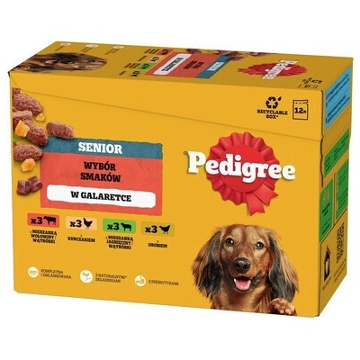 Pedigree Senior s hovězím a játry s kuřecím masem s jehněčím a játry s drůbežím masem v želé 12 x 100 g