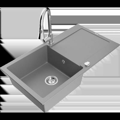 Leo гранитна кухненска мивка с 1 корито с отцедник и кухненски смесител Elia, сив - 6501-71-670101-00 (6501-71-670101-00)