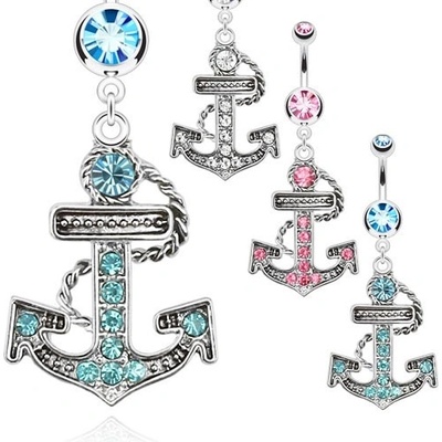 Šperky eshop ocelový piercing do pupíku zirkonová kotva s lanem AA42.01 aqua modrá Q