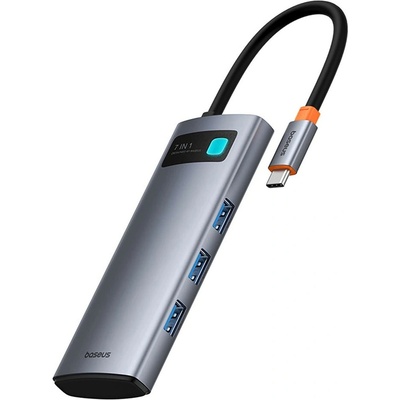 Baseus Докинг станция Baseus Joystar 7-in-1 Hub (B00030708811-01), от USB-C към 1x USB-C (PD), 3x USB-A. 1x HDMI, 1x SD четец, 1x microSD четец, сива (B00030708811-01)
