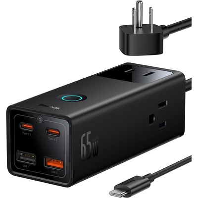 Baseus Зарядно устройство 3xAC, 2xUSB, 2x Type-C, 65W, кабел 100W - Baseus (PSLA020101) - черно