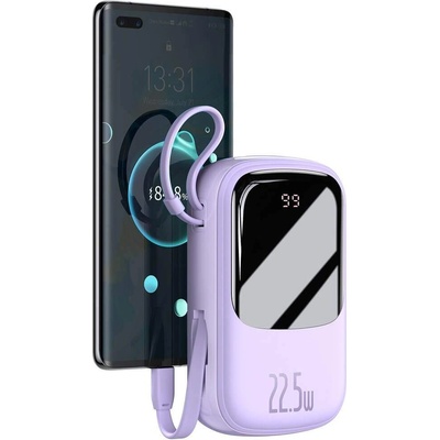 Baseus Qpow Digital Display Power bank with USB-C cable 22.5W (PPQD-I05) - външна батерия 20000 mAh с вграден USB-C кабел и USB-C, USB-A и Lightning изходи (лилав)