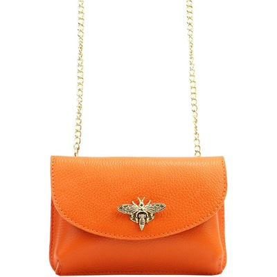 Mini oranžová kožená kabelka na retiazku s brošňou