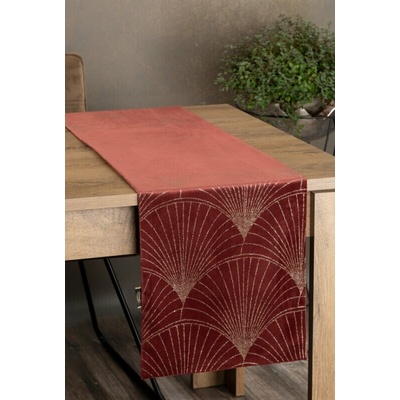 Takoy Běhoun na stůl cihlově zlatý 35x140 cm sametový BLINK 14 s velkým vzorem vějířů ve stylu art deco-HF-389893 | 35 x 140 cm