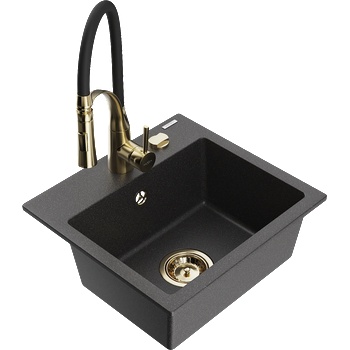 Mexen Milo гранитна мивка с една камера и кухненски смесител Aster, черен с пръски - 6505-76-73450-57-G (6505-76-73450-57-G)