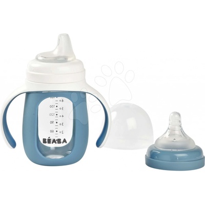Beaba Láhev Bidon na učení pití 2v1 Learning Bottle Blue s modrým silikonovým obalem 210 ml