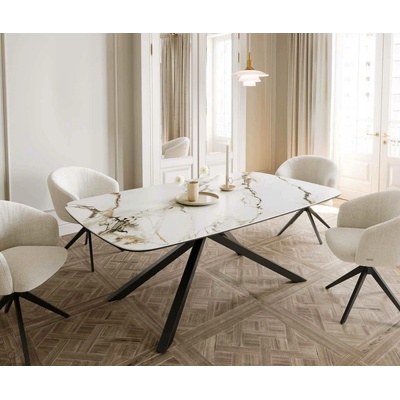 DELIFE Jídelní stůl Edge oválný 200 x 100 keramika Calacatta Luxe bílo-zlato-šedá křížová podnož plochá černá