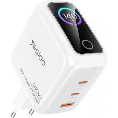 YESIDO Зарядно устройство Yesido (YC114) - с TFT дисплей, USB, 2x Type-C, GaN, бързо зареждане, за телефон, таблет, 140W - Бял