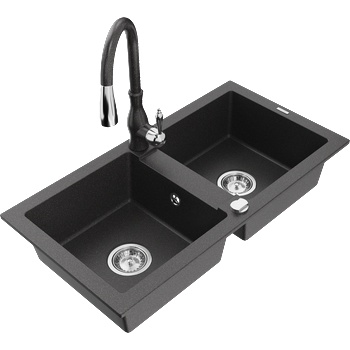 Mexen Mario двукамерна гранитна кухненска мивка с кухненски смесител Savita, черен с пръски - 6504-76-672601-76 (6504-76-672601-76)