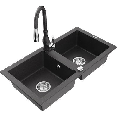 Mexen Mario двукамерна гранитна кухненска мивка с кухненски смесител Savita, черен с пръски - 6504-76-672601-76 (6504-76-672601-76)