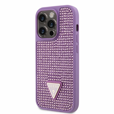 GUESS Rhinestones Triangle Metal Logo Case - силиконов (TPU) калъф за iPhone 14 Pro (лилав)