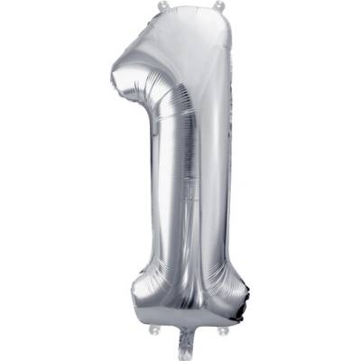 PartyDeco Fóliový balón narodeninové číslo 1 strieborný 86cm