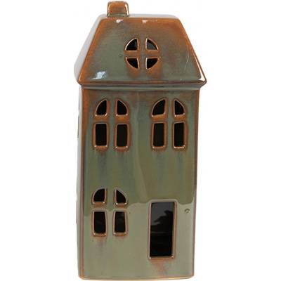 Hnědo-zelený porcelánový svítící domek 7*6*15 cm Clayre & Eef