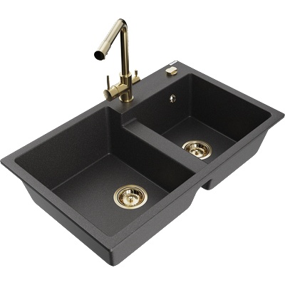 Mexen Tomas двоен кухненски гранитен мивка с батерия Duero, черен с пръски - 6516-76-671600-50 (6516-76-671600-50)