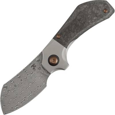 Kansept Pluto - Damascus with Stonewashed Titanium, Shred Carbon Fiber handle K3129A3
