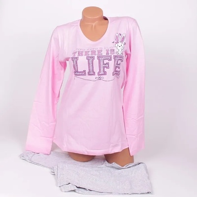 Свежа дамска пижама в розово и светлосиво с апликация