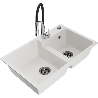 Mexen Tomas двоен гранитен мивка с кухненски смесител Aster, бял - 6516-20-73450-07-B (6516-20-73450-07-B)
