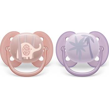 Philips Залъгалки Philips Avent - Ultra Soft, с декорация Слонче и Палми с кутия за стерилизиране, 0-6 m, 2 броя (00A.0515.014)