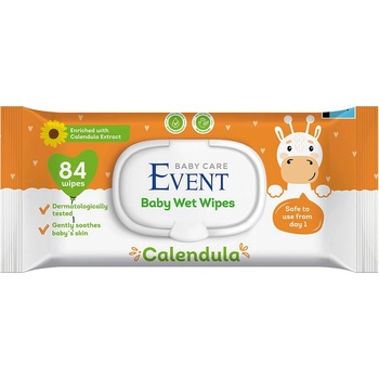 Event Бебешки влажни кърпи с капак Event - С екстракт от невен, 84 броя (2EVBE04103CLD0084A)