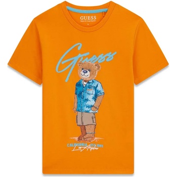 GUESS Оранжева тениска за момче с цветно мече и светло син надпис Guess