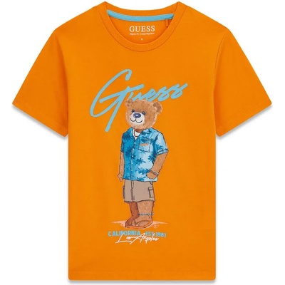 GUESS Оранжева тениска за момче с цветно мече и светло син надпис Guess