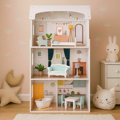 ECOTOYS Domček pre bábiky Alice 3 poschodia 4 izby sada 9 kusov nábytku