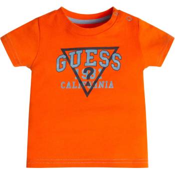 GUESS Памучна тениска за бебе момче с къс ръкав в оранжево с надпис Guess