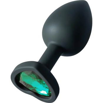 Sunfo - силиконов анален плъг със сърцевиден тъмен зелен камък (черен)