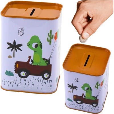 LEAN TOYS Kovová pokladnička – Dinosaurus v aute, biela