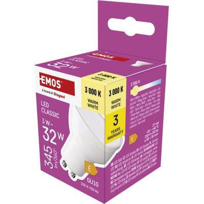 EMOS LED CLS MR16 3W 32W 345lm GU10 WW 1525730229