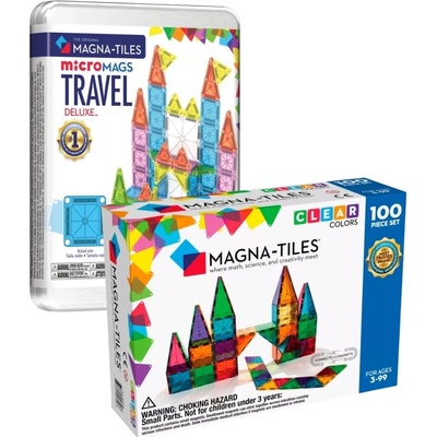 MAGNA-TILES set Magnetická stavebnica 100 ks a microMAGS Travel Set Deluxe 55 ks