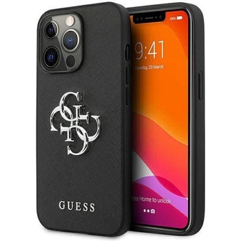 GUESS Saffiano 4G Metal Logo Leather Hard Case - дизайнерски кожен кейс за iPhone 13 Pro Max (черен)
