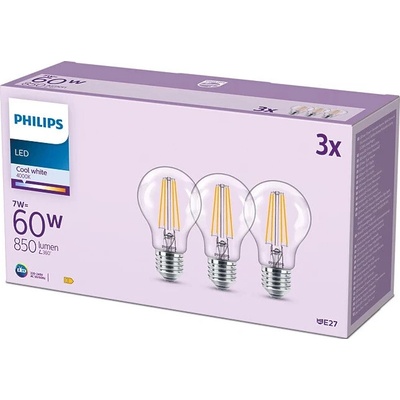 Philips 3x LED žárovka E27 A60 7W = 60W 850 lm 4000K denní bílá vlákno