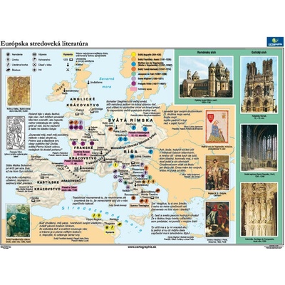 Európska stredoveká literatúra Mapa (160x120 cm), nástenná, fóliovaná, lištovaná