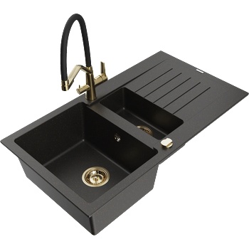 Mexen Matias мивка от гранит 1, 5-камерна с отцедник и кухненски смесител Duo, черен/златен металик - 6502-75-671701-57-G (6502-75-671701-57-G)