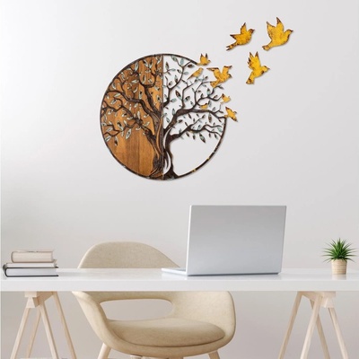 Asir | Nástěnná dekorace 92x71 cm strom a ptáci dřevo/kov | AS1702