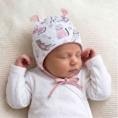 Baby Service Dojčenská dvojvrstvová zaväzovacia čiapočka s uškami Mačka Ružová