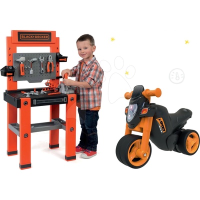 Smoby Set pracovná dielňa Black & Decker so 79 doplnkami a odrážadlo motorka Sport Bike s elektronickým klaksónom SM3607007
