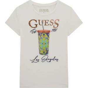 GUESS Бяла тениска за момиче с цветна щампа на кристали Guess
