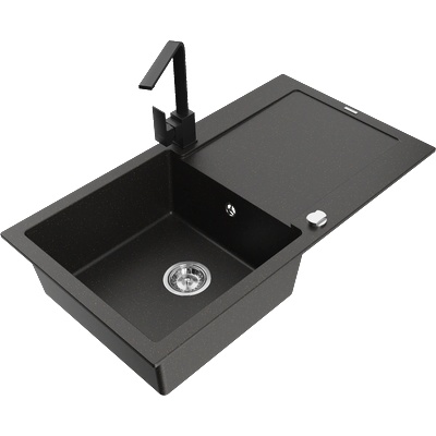 Mexen Leo еднокоморна кухненска мивка с отцедник и кухненски смесител Rita, черно/златен металик - 6501-75-670300-70 (6501-75-670300-70)