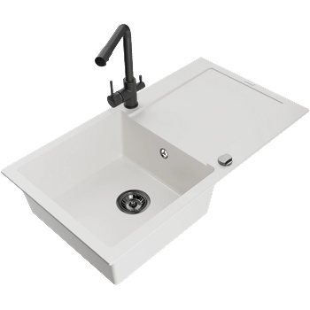 Mexen Leo гранитна мивка с 1 отделение със сушилник и кухненски смесител Duero, бял - 6501-20-671600-70 (6501-20-671600-70)