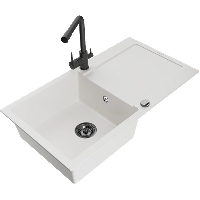 Mexen Leo гранитна мивка с 1 отделение със сушилник и кухненски смесител Duero, бял - 6501-20-671600-70 (6501-20-671600-70)