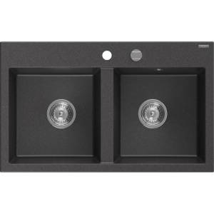 Mexen Hektor гранитна мивка с 2 камери 800 x 480 mm, черна на пръски, хромиран сифон - 6521802000-76 (6521802000-76) Мивка за вграждане