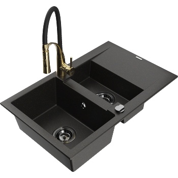 Mexen Gaspar гранитна мивка 1, 5-камерна с отцедник и кухненски смесител Aster, черен/златист металик - 6507-75-73450-57-B (6507-75-73450-57-B)