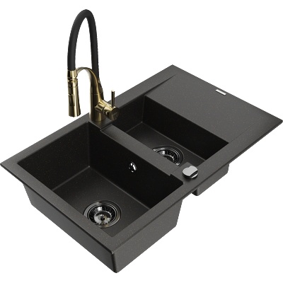 Mexen Gaspar гранитна мивка 1, 5-камерна с отцедник и кухненски смесител Aster, черен/златист металик - 6507-75-73450-57-B (6507-75-73450-57-B)