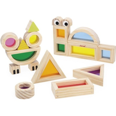 Janod Sensory Drevená stavebnica s farebnými sklíčkami a predlohami 12 ks